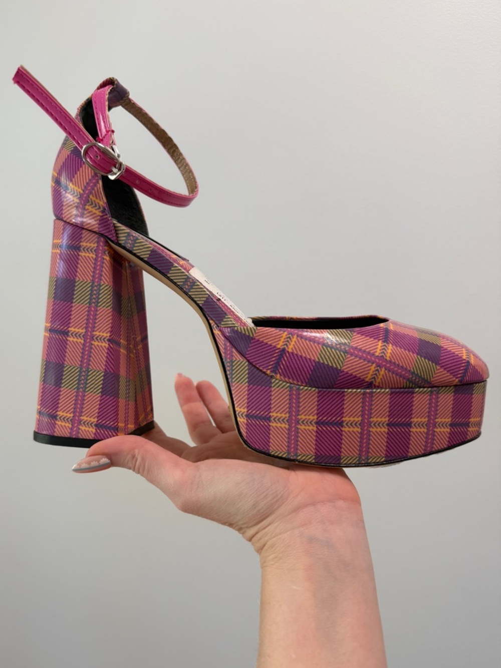 Larroudé Plaid Platform Heels – Pink Multi Statement Ankle Strap Pumps - size 9